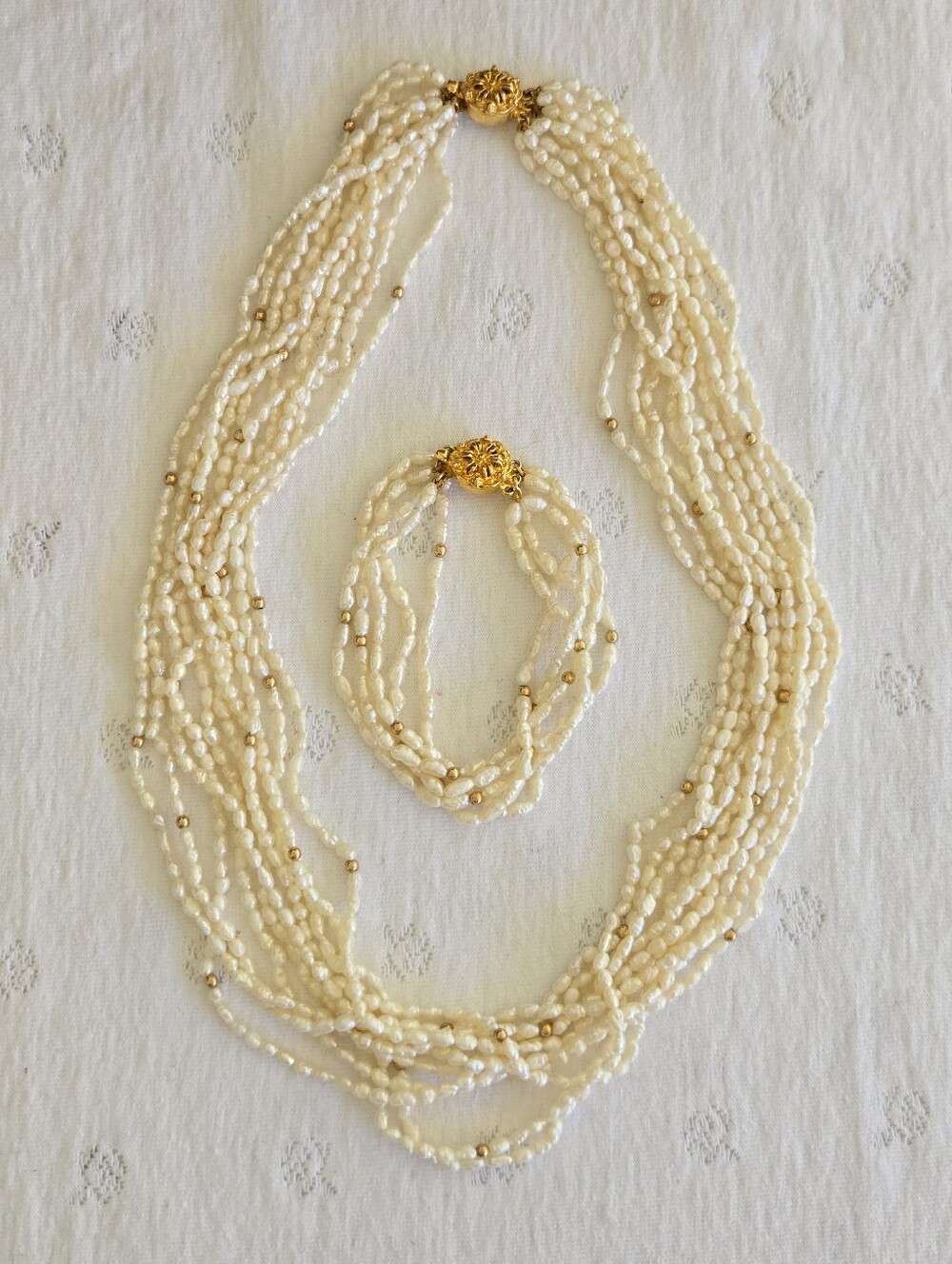 Vintage Multi-Strand Freshwater Pearl Bead Necklace & Bracelet Set w Gold Accent